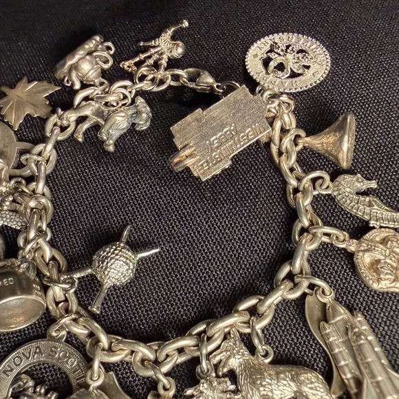 VTG Charm Bracelet Sterling 925 With 21 Charms 70 G Silver Animals Travel